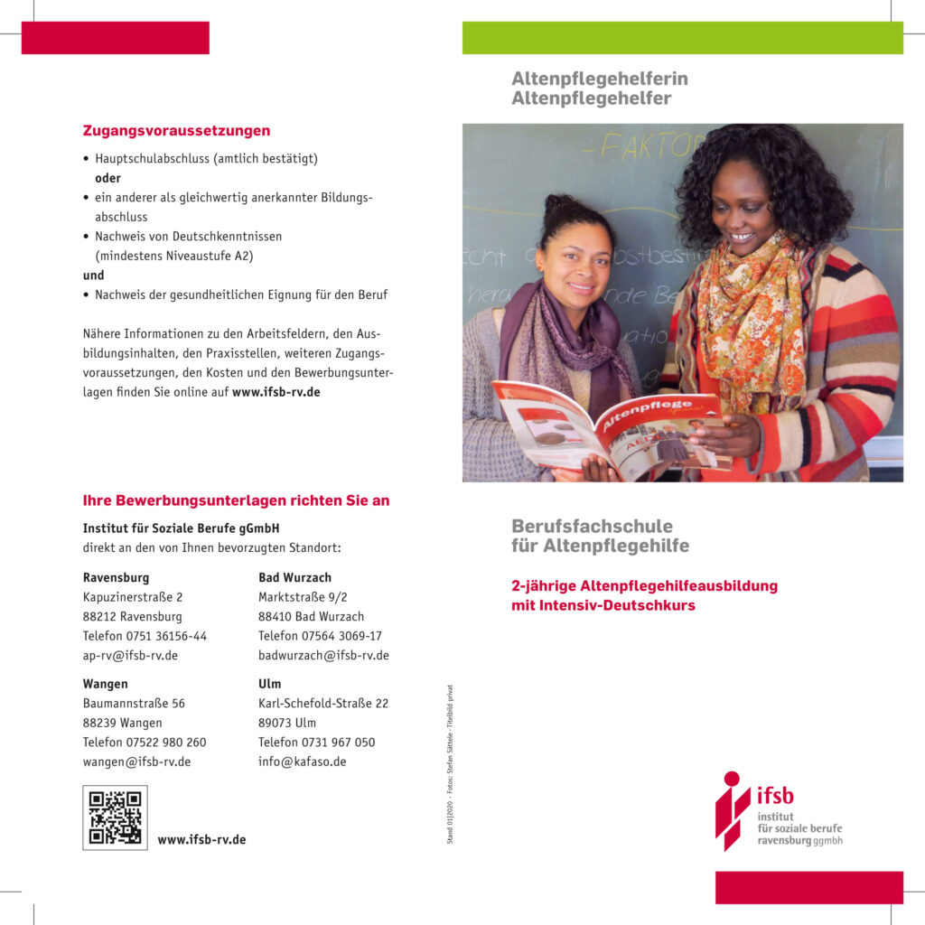 Info-Flyer für die Ausbildung zum/zur Altenpflegehelfer/in mit Intensiv-Deutschkurs